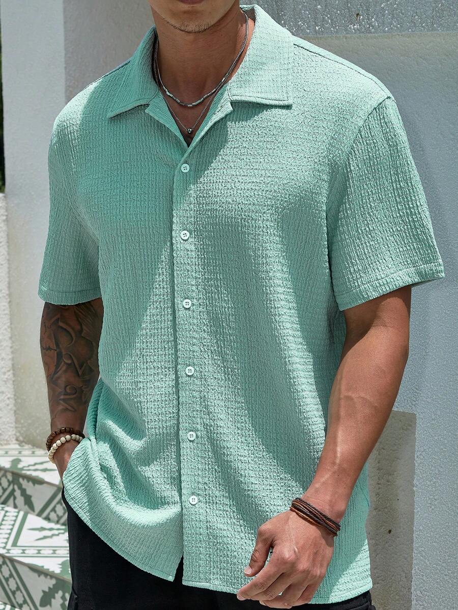 Camisa Masculina Casual de Manga Curta com Botões e Cor Sólida com Caimento Solto