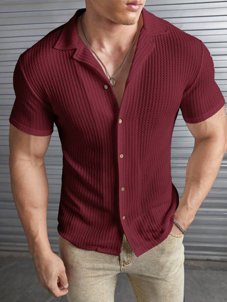 Camisa Masculina Sólido Canelado Botão Frontal