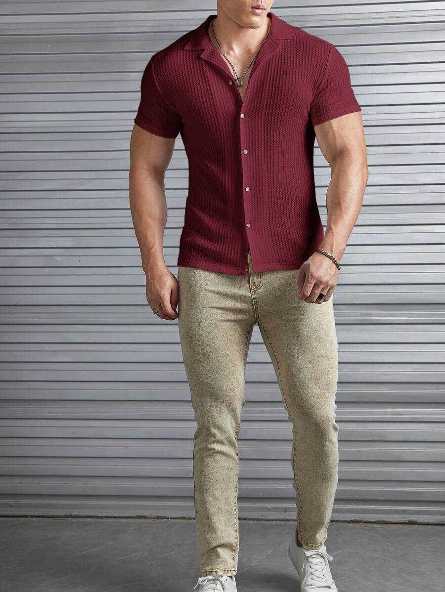 Camisa Masculina Sólido Canelado Botão Frontal