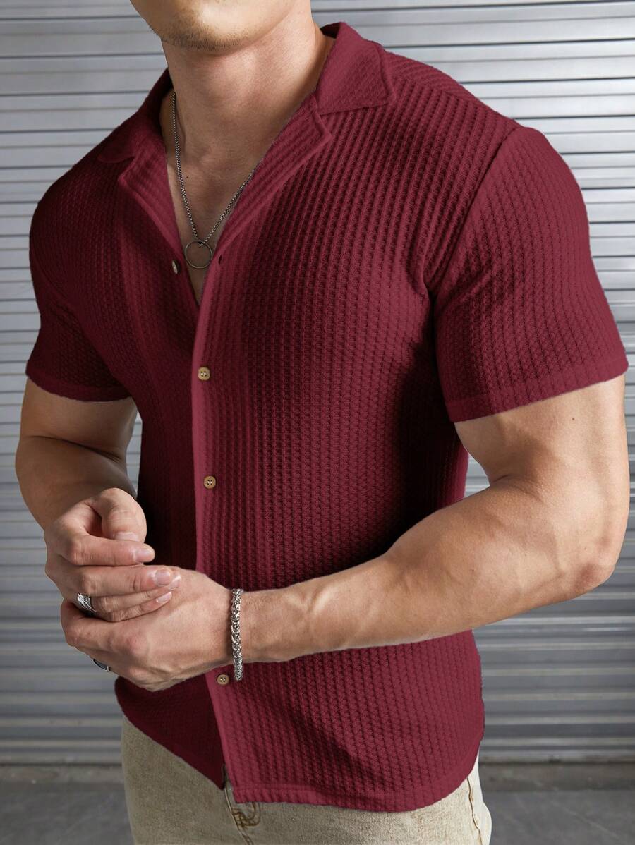 Camisa Masculina Sólido Canelado Botão Frontal