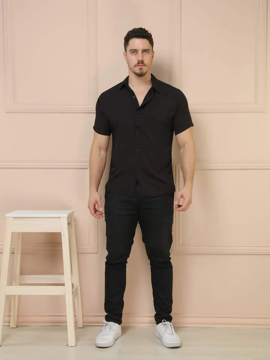 Camisa Masculina Manga Curta De Botão Lisa em viscose Balli