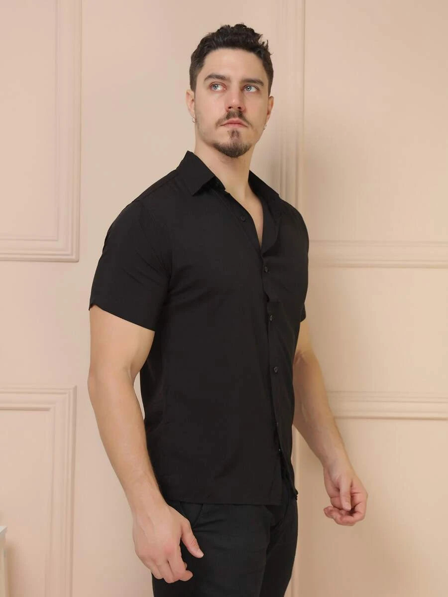 Camisa Masculina Manga Curta De Botão Lisa em viscose Balli