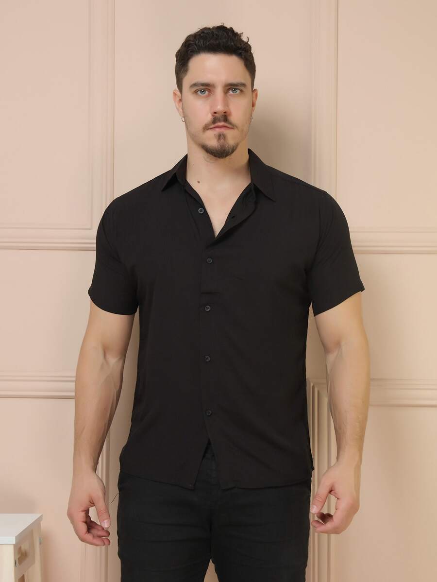 Camisa Masculina Manga Curta De Botão Lisa em viscose Balli