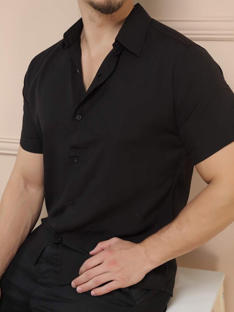 Camisa Masculina Manga Curta De Botão Lisa em viscose Balli