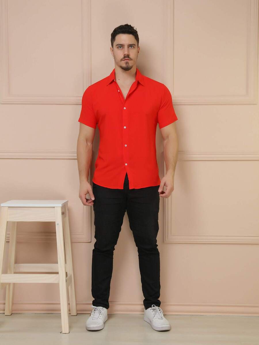 Camisa Masculina Manga Curta De Botão Lisa em viscose Balli