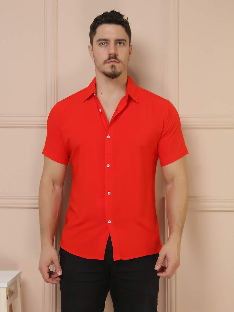 Camisa Masculina Manga Curta De Botão Lisa em viscose Balli