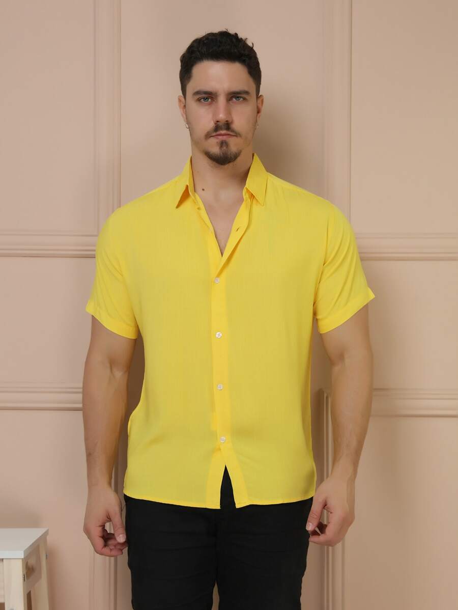 Camisa Masculina Manga Curta De Botão Lisa em viscose Balli