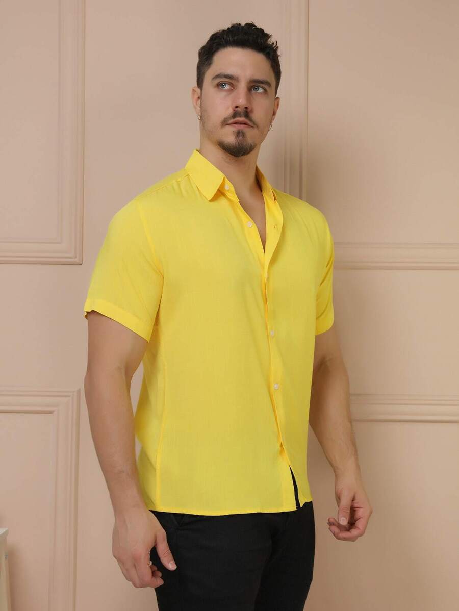 Camisa Masculina Manga Curta De Botão Lisa em viscose Balli