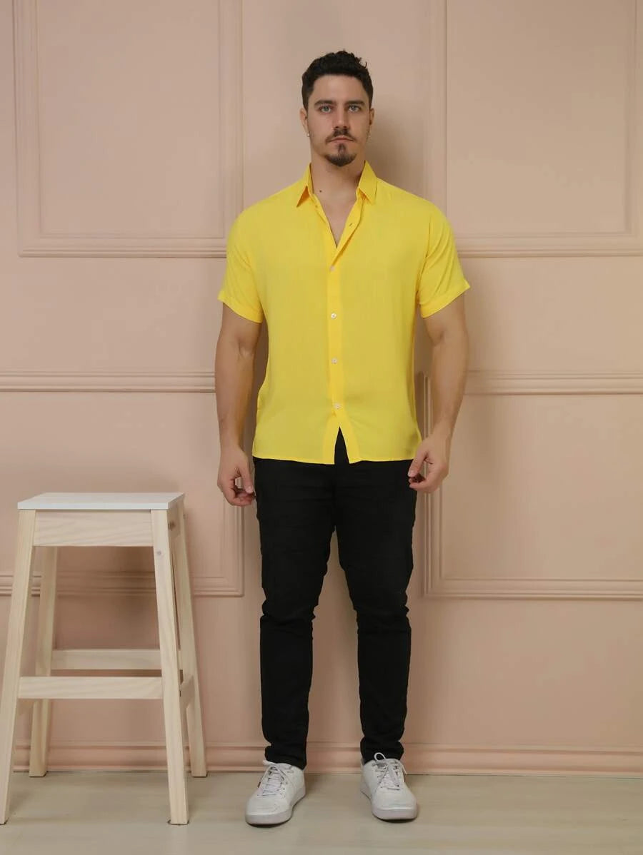 Camisa Masculina Manga Curta De Botão Lisa em viscose Balli