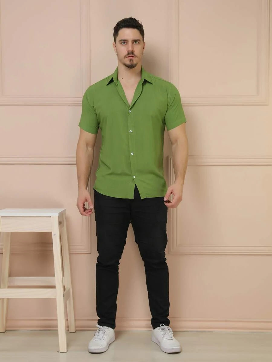 Camisa Masculina Manga Curta De Botão Lisa em viscose Balli