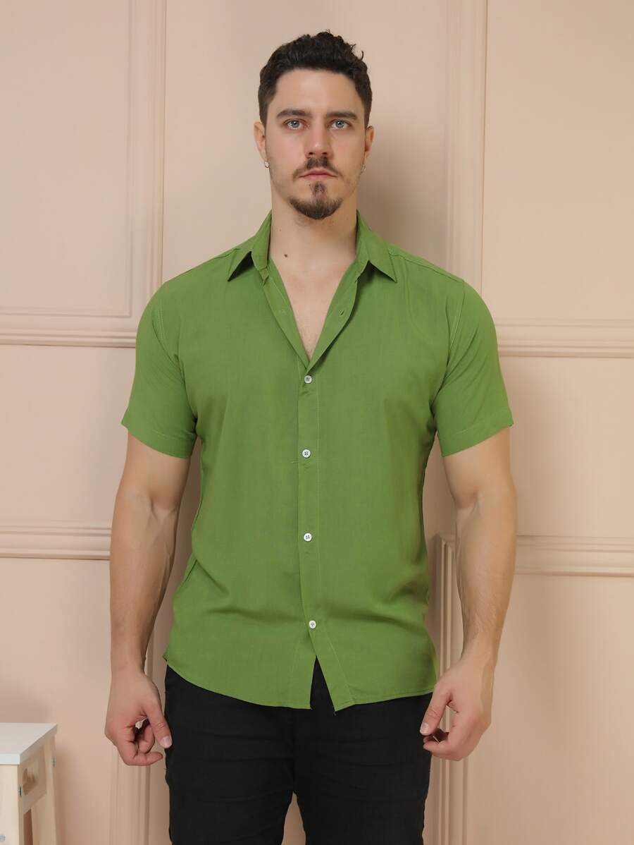 Camisa Masculina Manga Curta De Botão Lisa em viscose Balli