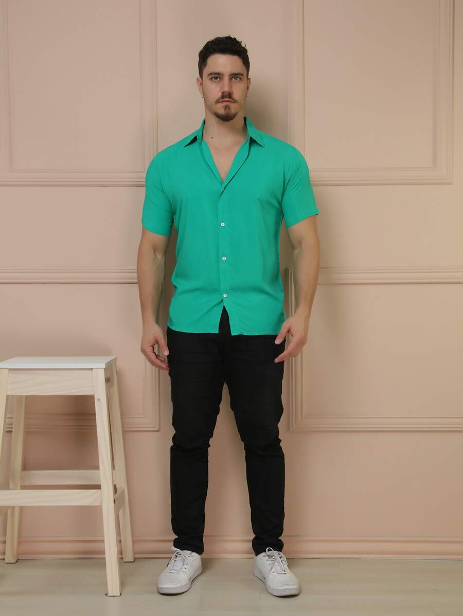 Camisa Masculina Manga Curta De Botão Lisa em viscose Balli