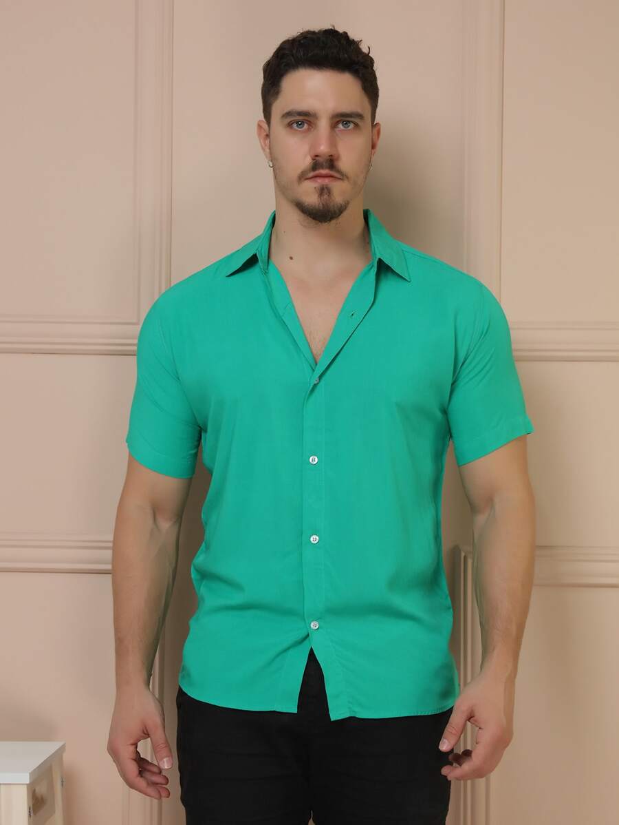 Camisa Masculina Manga Curta De Botão Lisa em viscose Balli