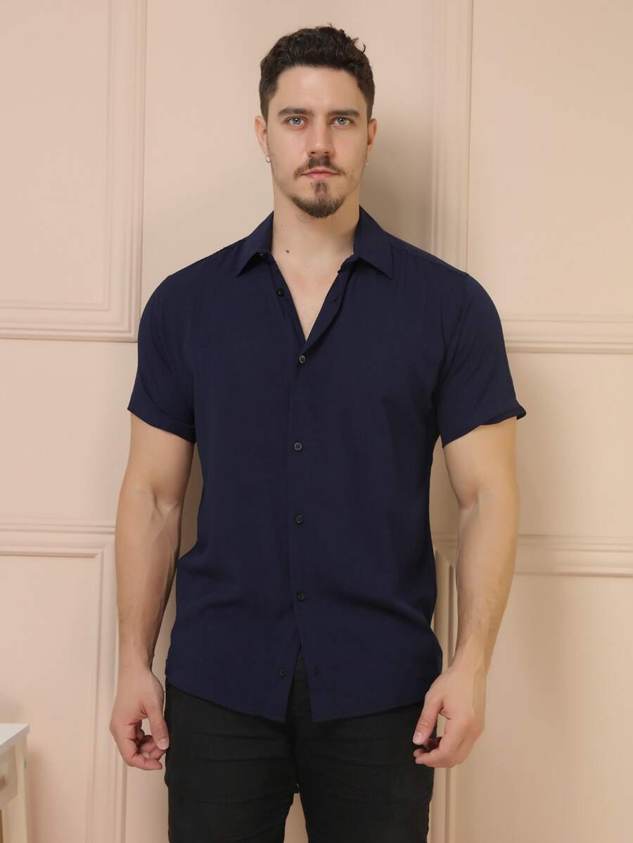 Camisa Masculina Manga Curta De Botão Lisa em viscose Balli