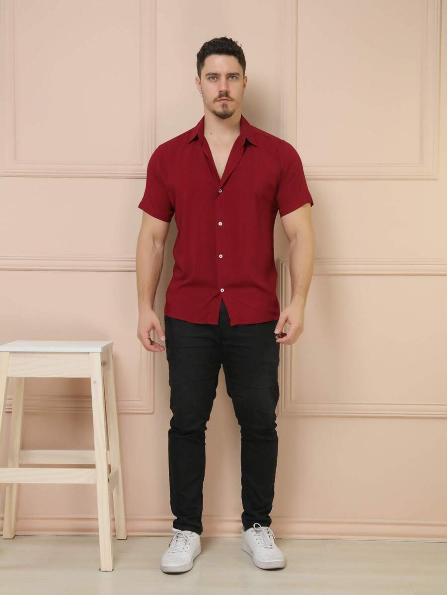 Camisa Masculina Manga Curta De Botão Lisa em viscose Balli