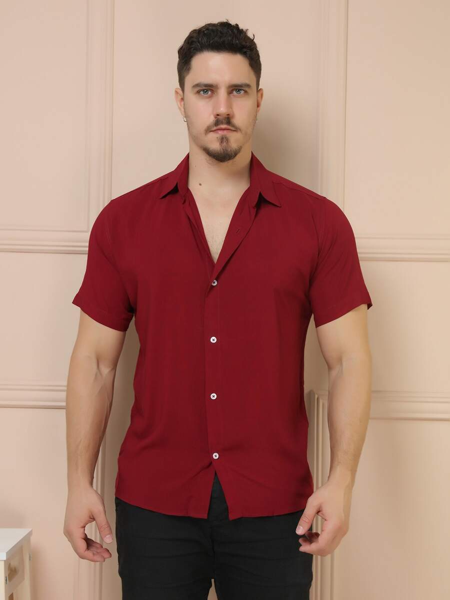 Camisa Masculina Manga Curta De Botão Lisa em viscose Balli
