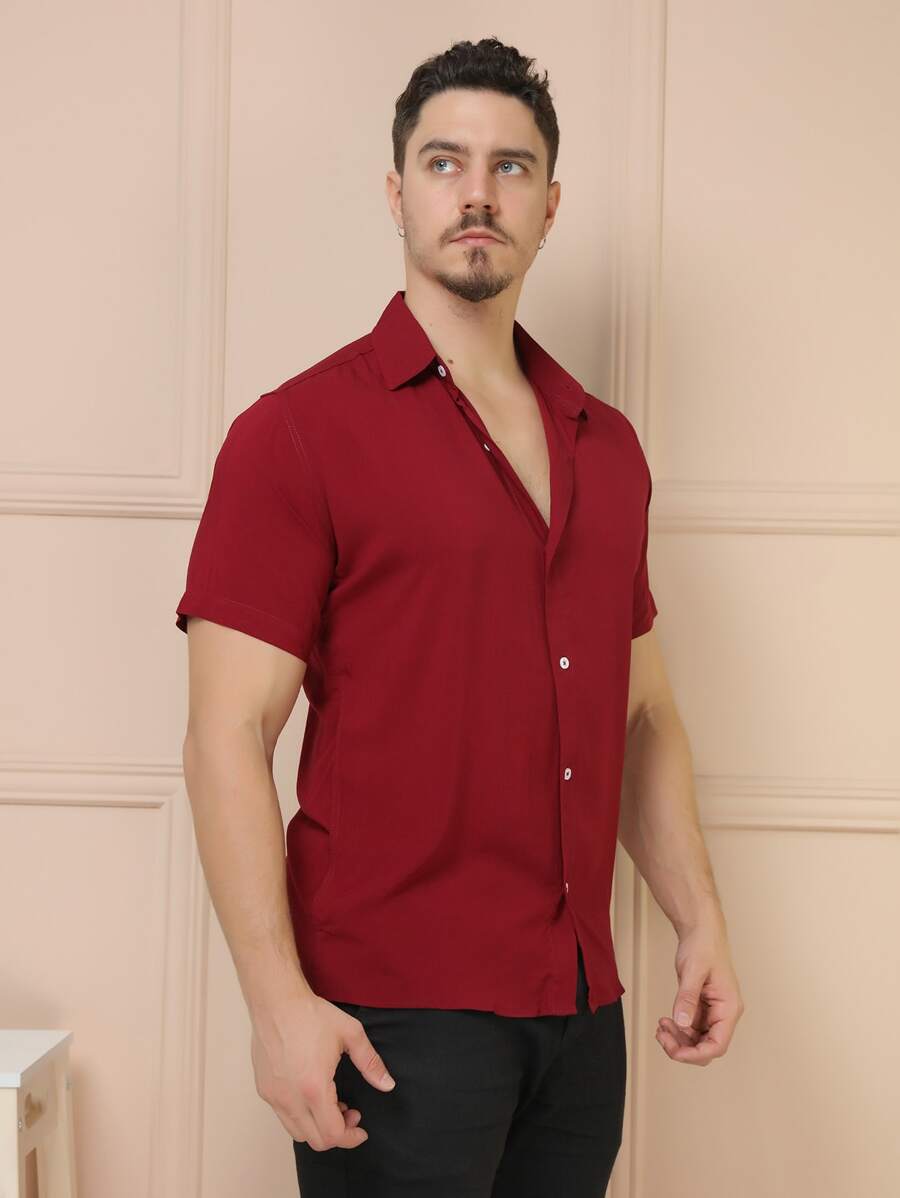 Camisa Masculina Manga Curta De Botão Lisa em viscose Balli