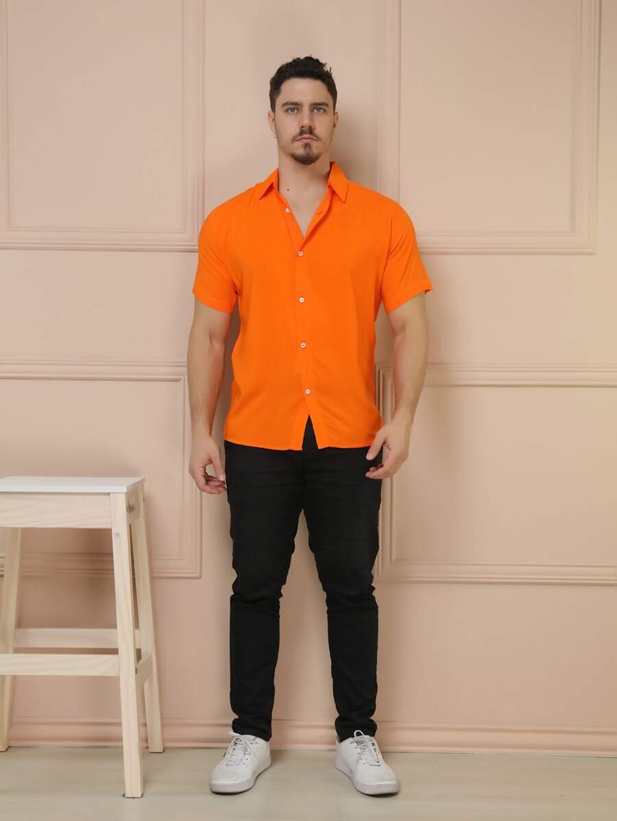 Camisa Masculina Manga Curta De Botão Lisa em viscose Balli