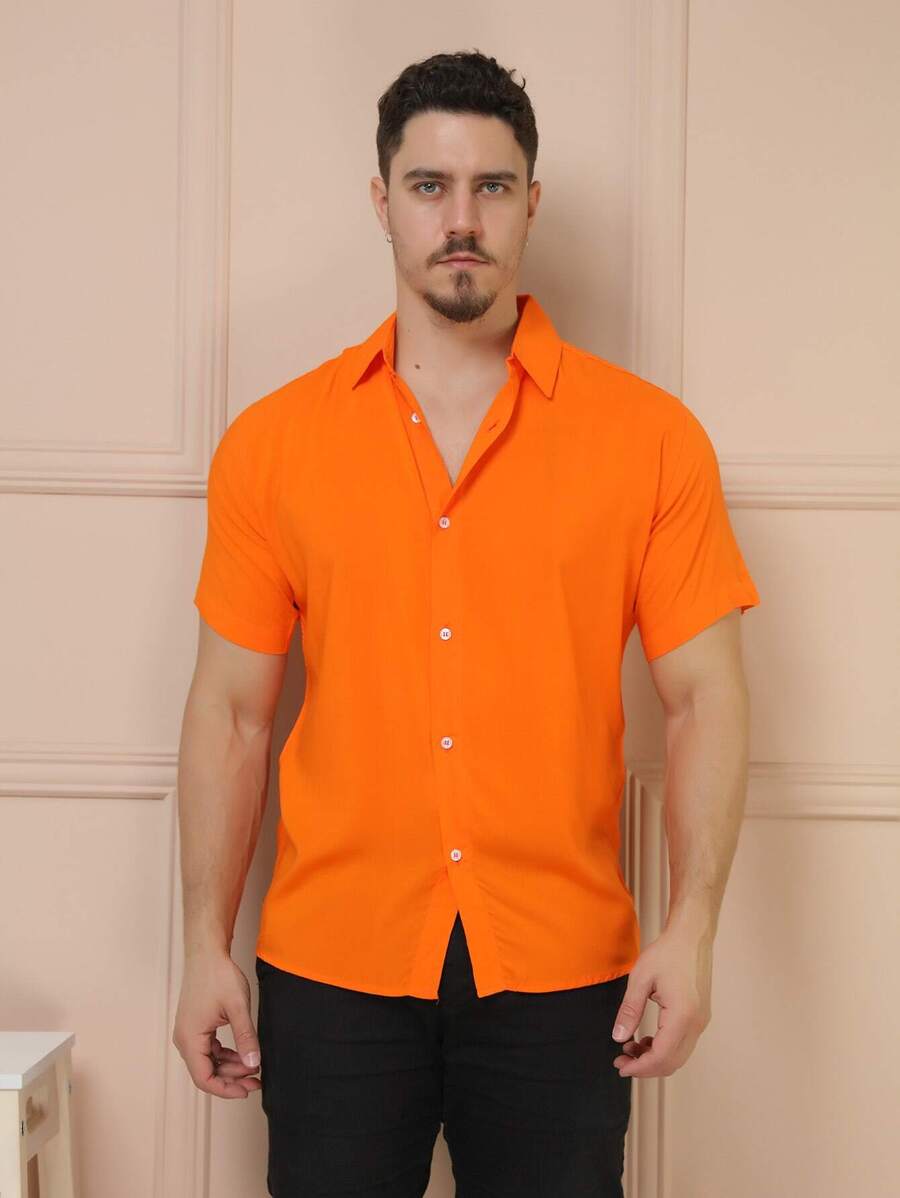 Camisa Masculina Manga Curta De Botão Lisa em viscose Balli