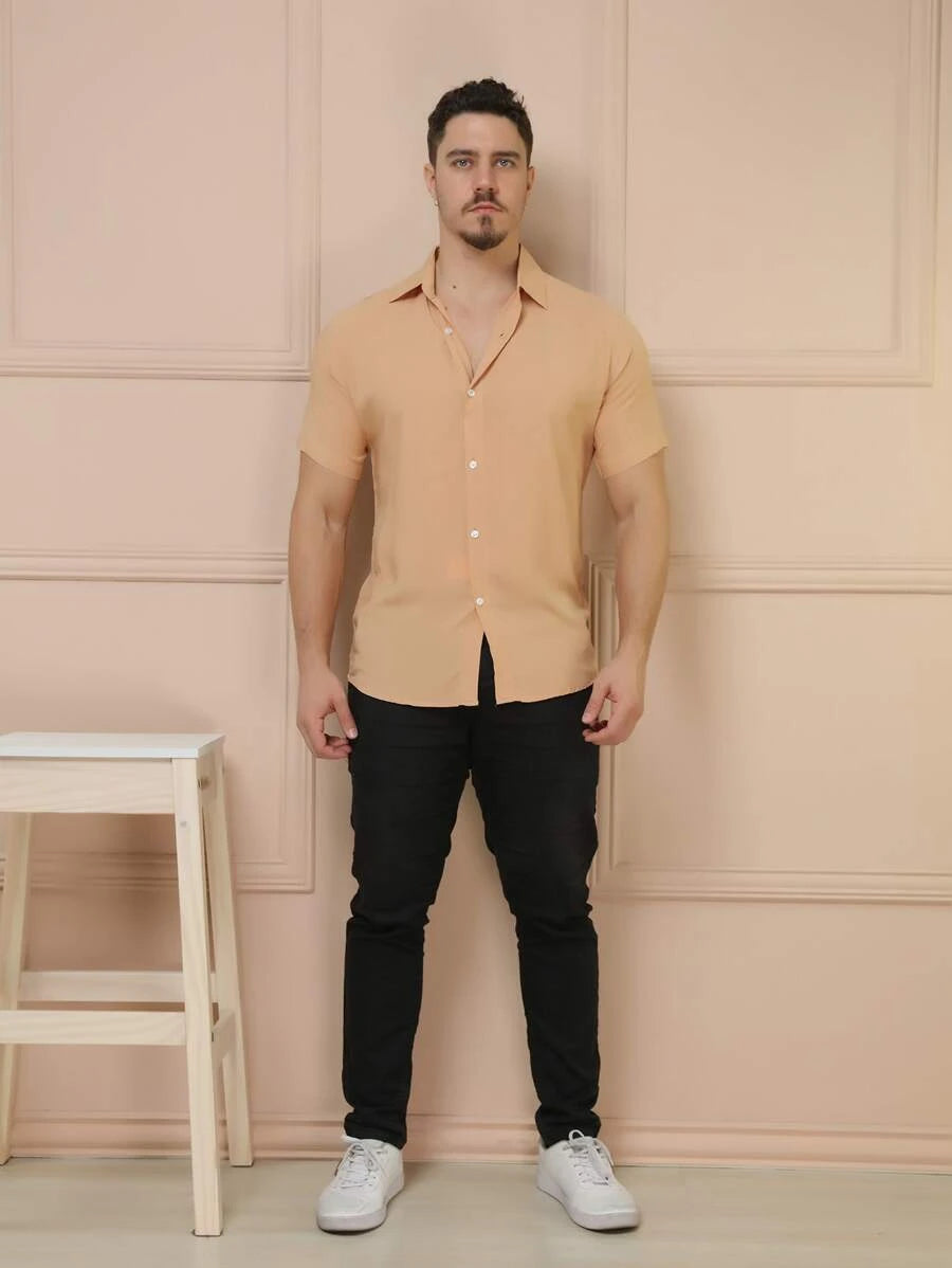 Camisa Masculina Manga Curta De Botão Lisa em viscose Balli