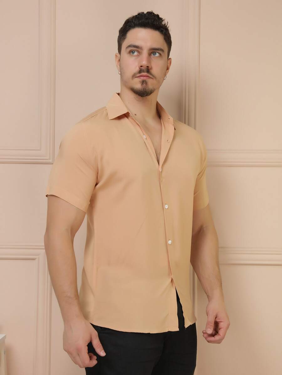 Camisa Masculina Manga Curta De Botão Lisa em viscose Balli