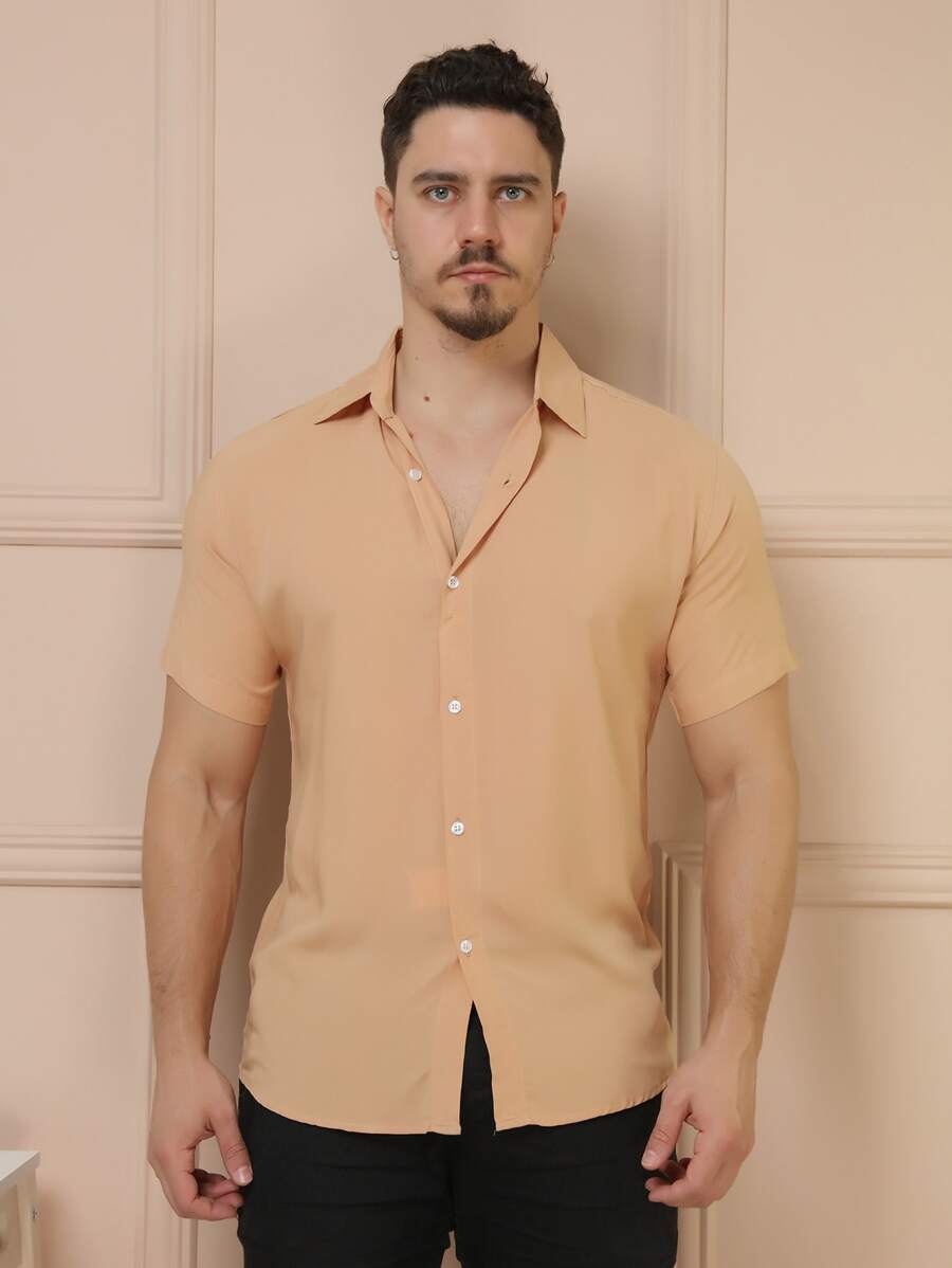 Camisa Masculina Manga Curta De Botão Lisa em viscose Balli