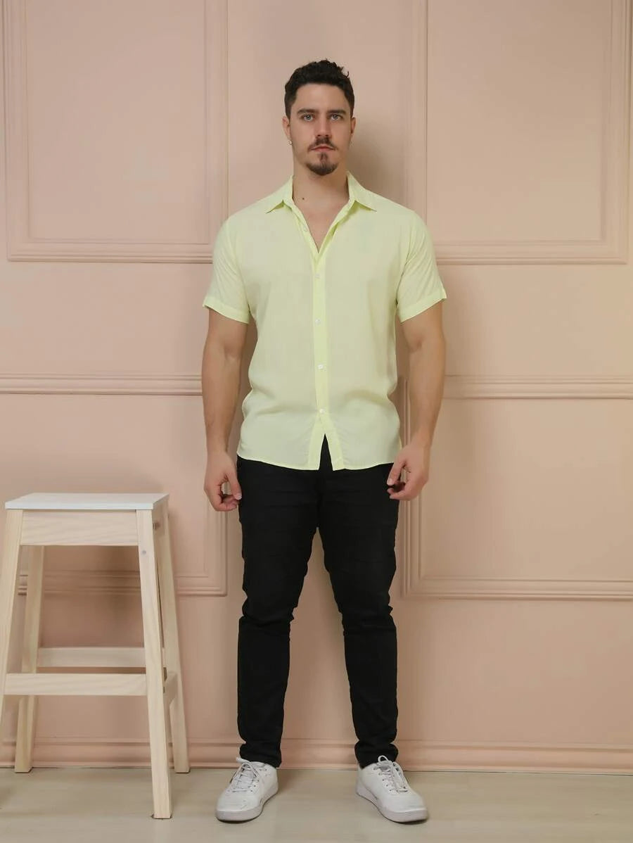 Camisa Masculina Manga Curta De Botão Lisa em viscose Balli