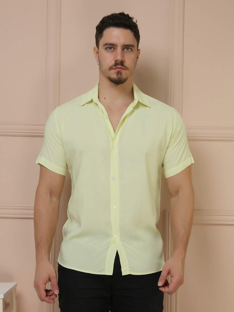 Camisa Masculina Manga Curta De Botão Lisa em viscose Balli