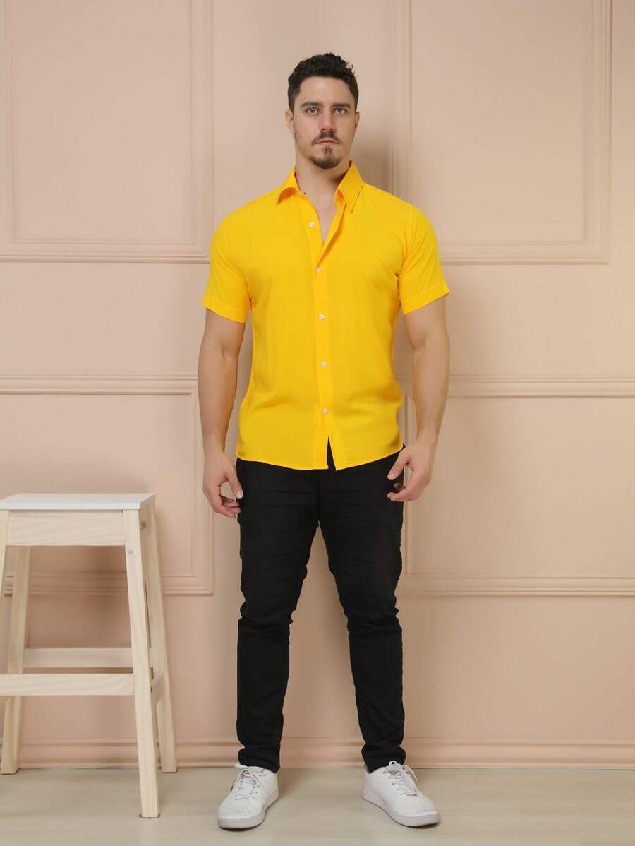 Camisa Masculina Manga Curta De Botão Lisa em viscose Balli