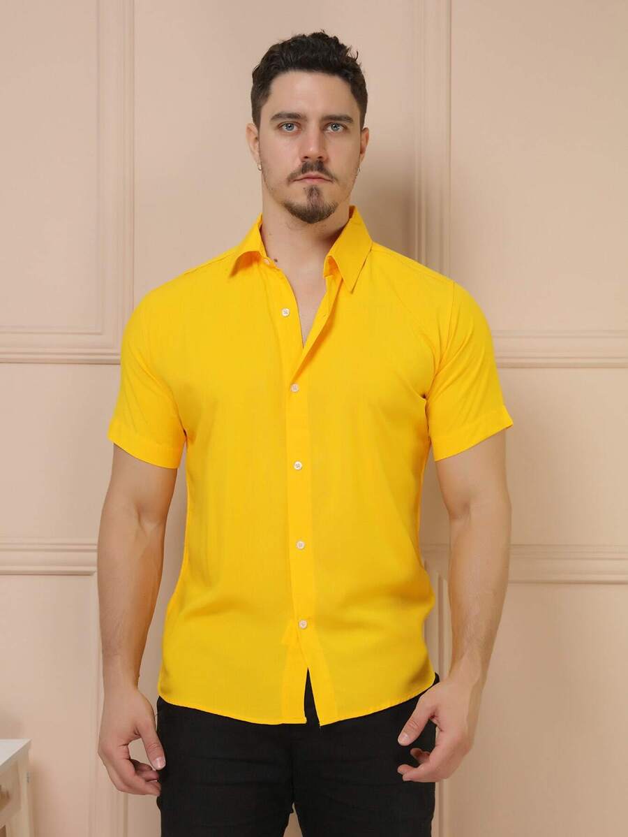 Camisa Masculina Manga Curta De Botão Lisa em viscose Balli