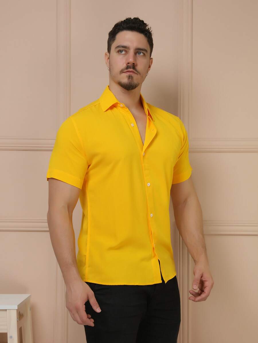 Camisa Masculina Manga Curta De Botão Lisa em viscose Balli