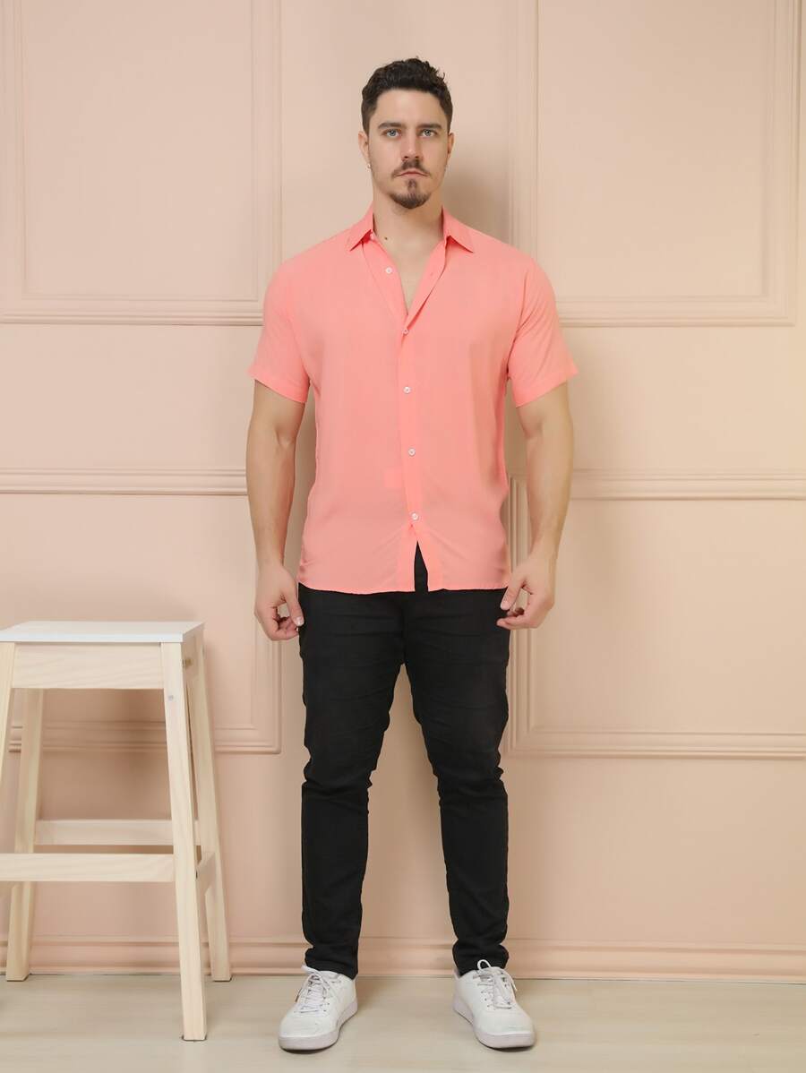 Camisa Masculina Manga Curta De Botão Lisa em viscose Balli