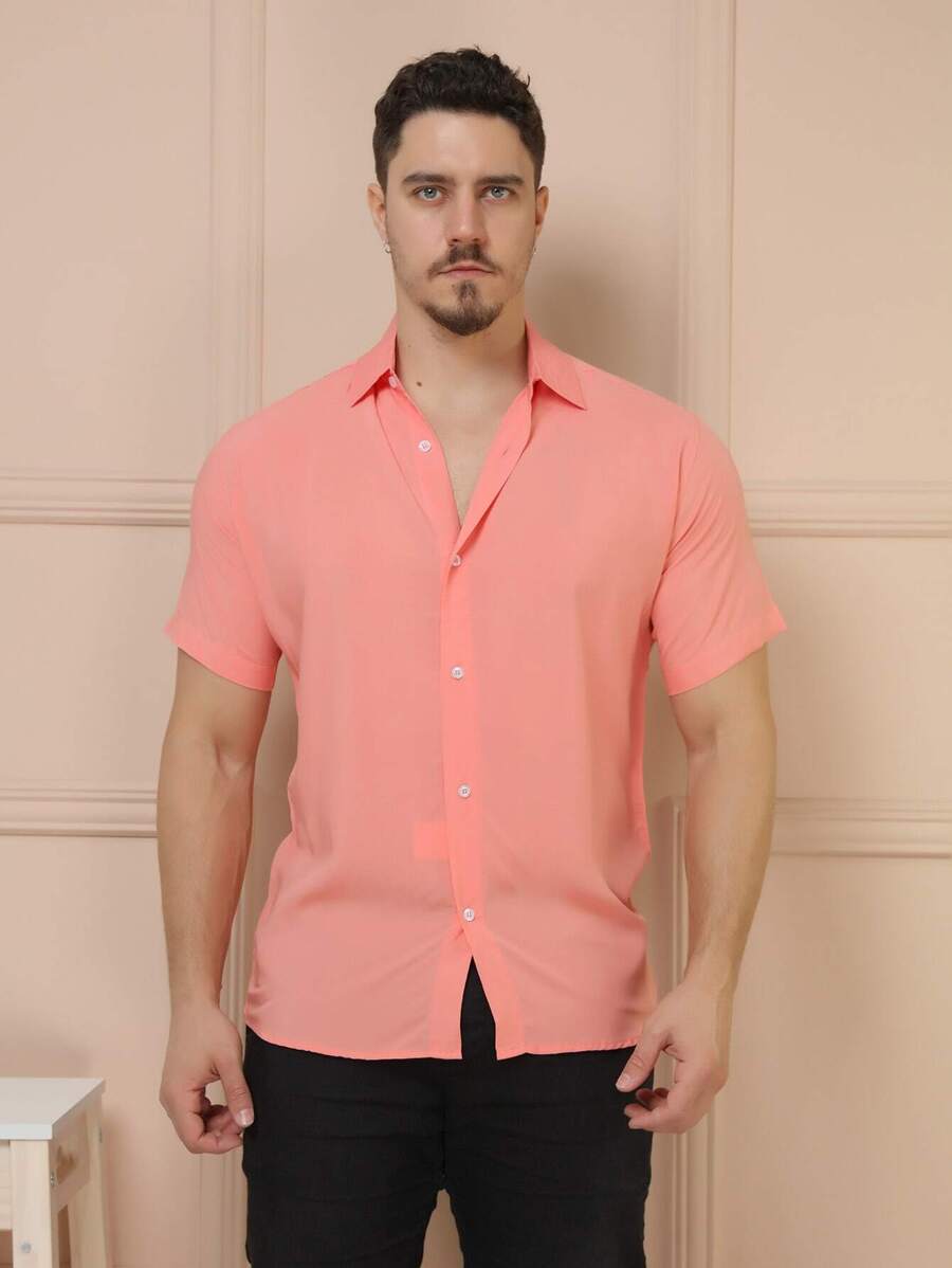 Camisa Masculina Manga Curta De Botão Lisa em viscose Balli