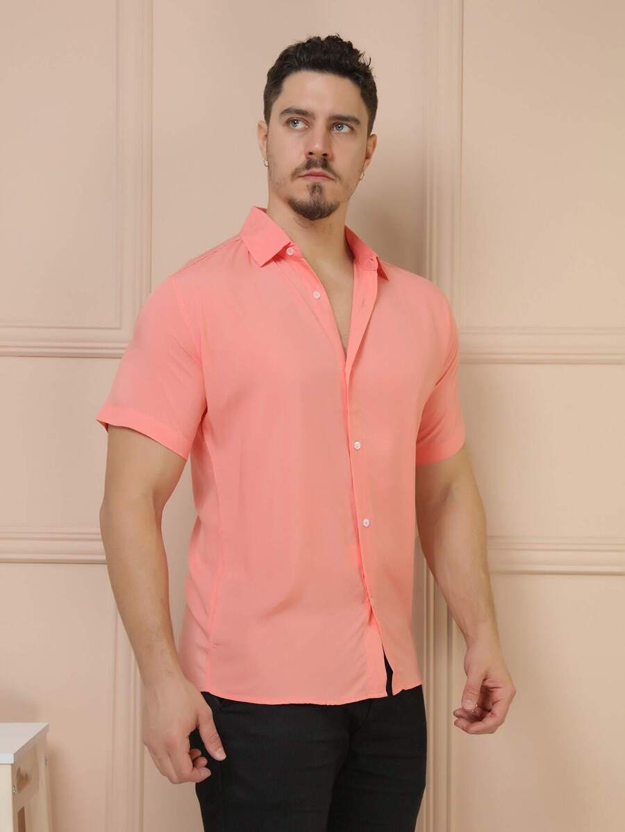 Camisa Masculina Manga Curta De Botão Lisa em viscose Balli