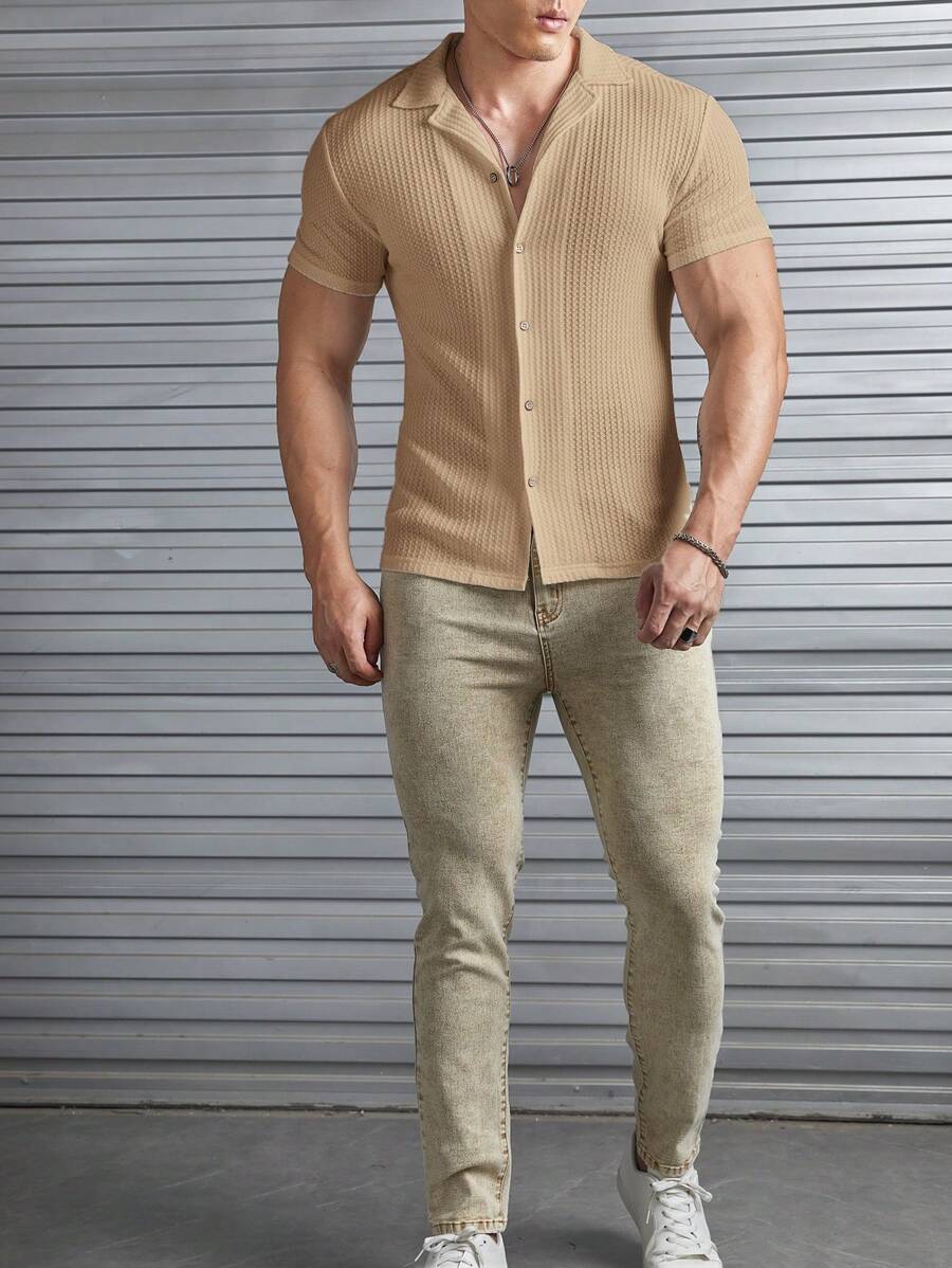 Camisa Masculina Sólido Canelado Botão Frontal