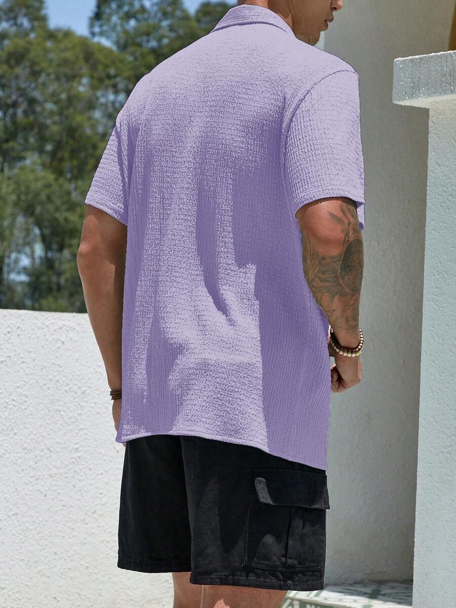 Camisa Masculina Casual de Manga Curta com Botões e Cor Sólida com Caimento Solto