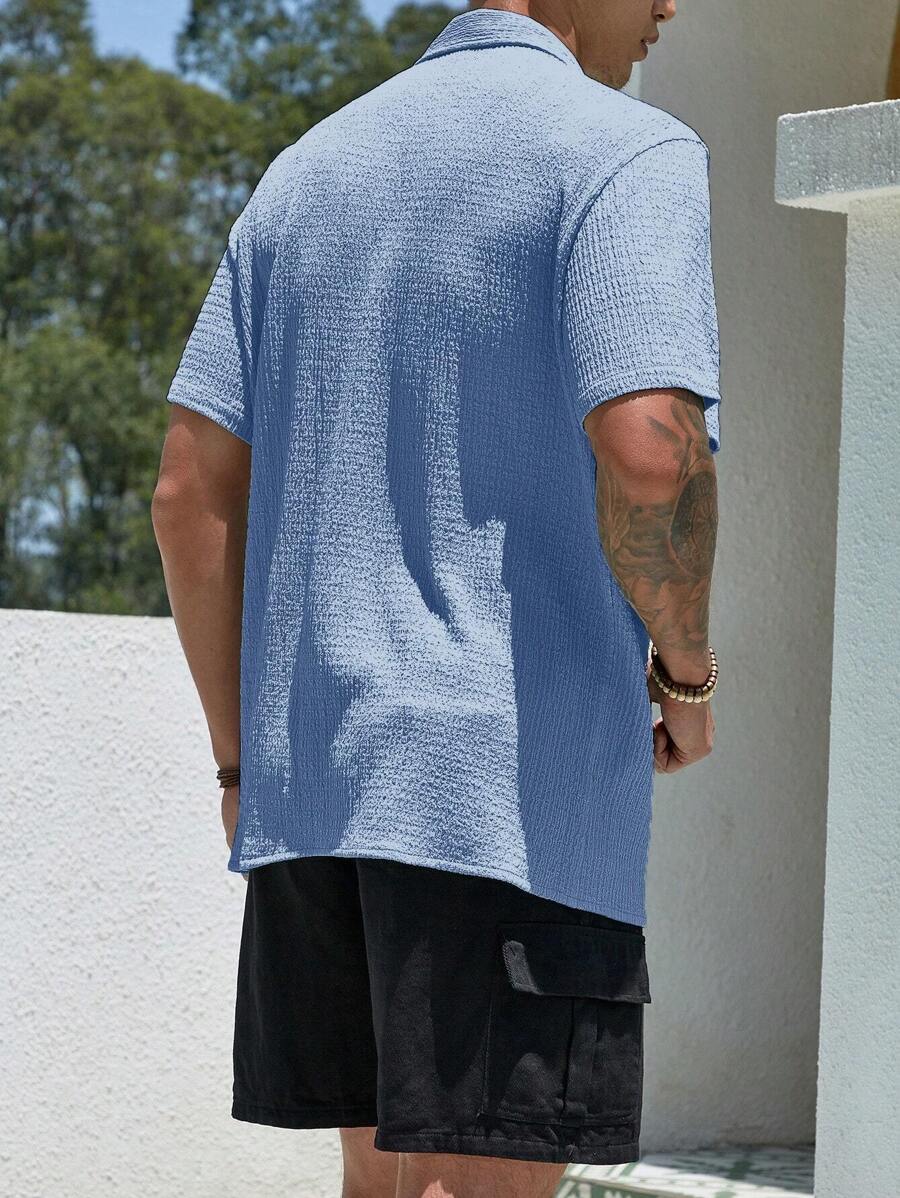 Camisa Masculina Casual de Manga Curta com Botões e Cor Sólida com Caimento Solto