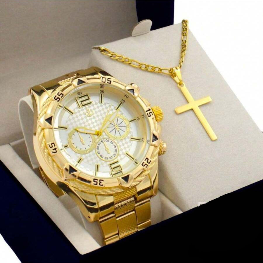 Relógio Masculino Dourado Aço Luxo Dourado Gold 18k + Colar Correntinha Ouro + Pingente Cruz