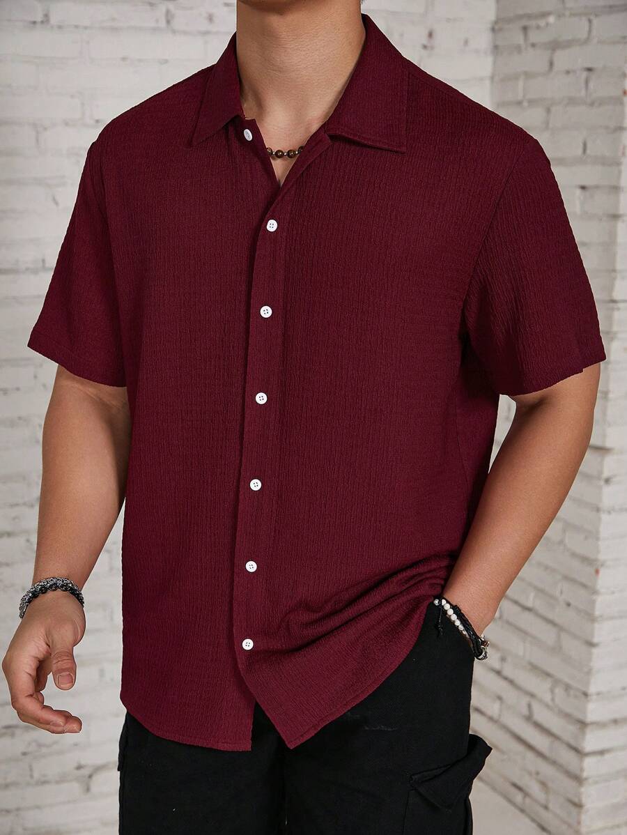 Camisa Masculina Casual de Manga Curta com Botões e Cor Sólida com Caimento Solto