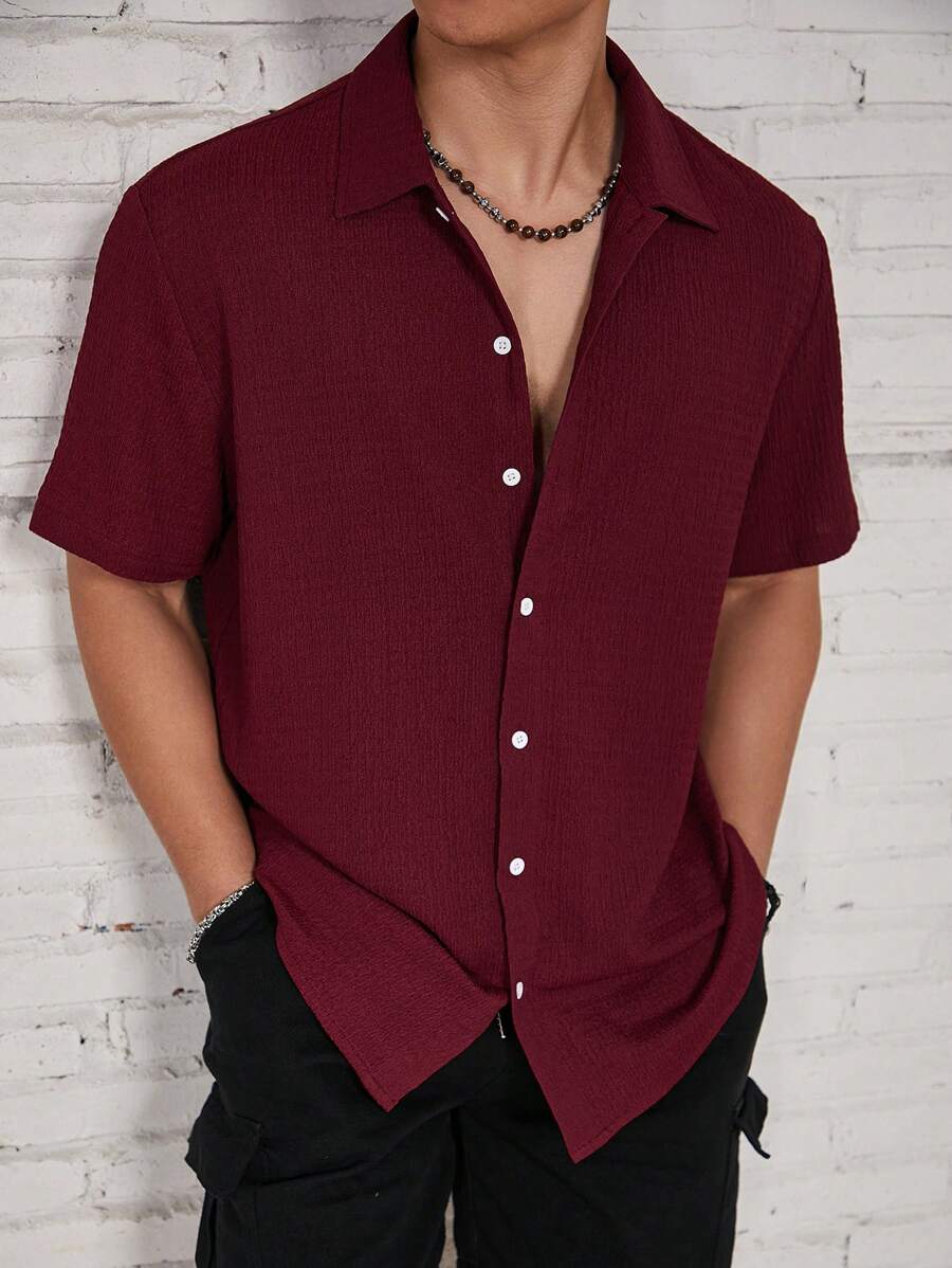 Camisa Masculina Casual de Manga Curta com Botões e Cor Sólida com Caimento Solto