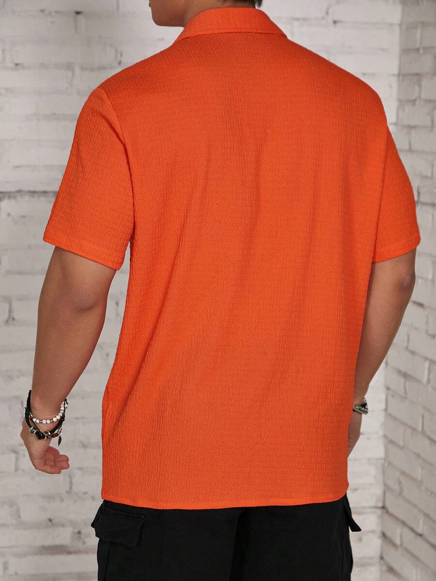 Camisa Masculina Casual de Manga Curta com Botões e Cor Sólida com Caimento Solto