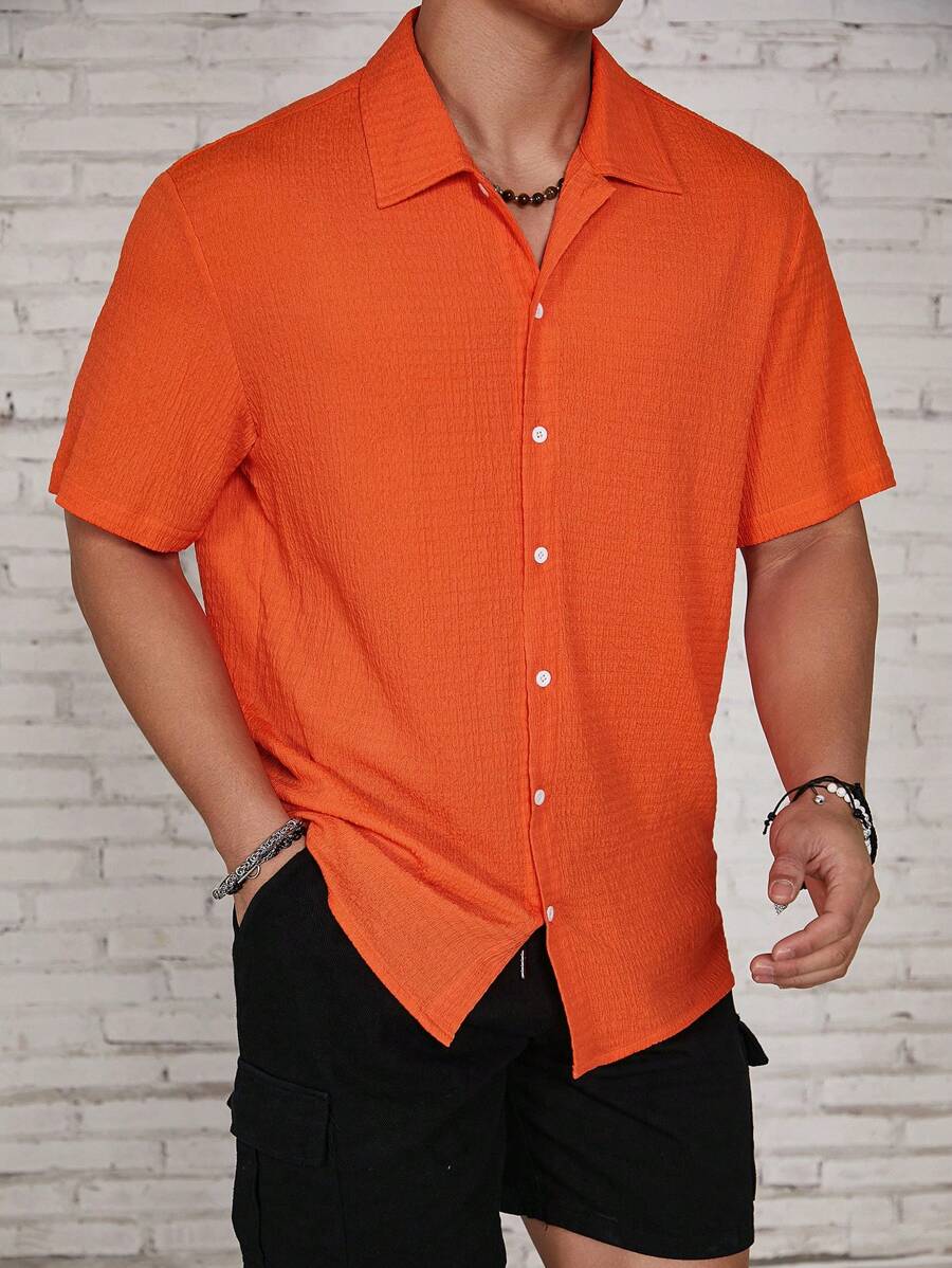 Camisa Masculina Casual de Manga Curta com Botões e Cor Sólida com Caimento Solto
