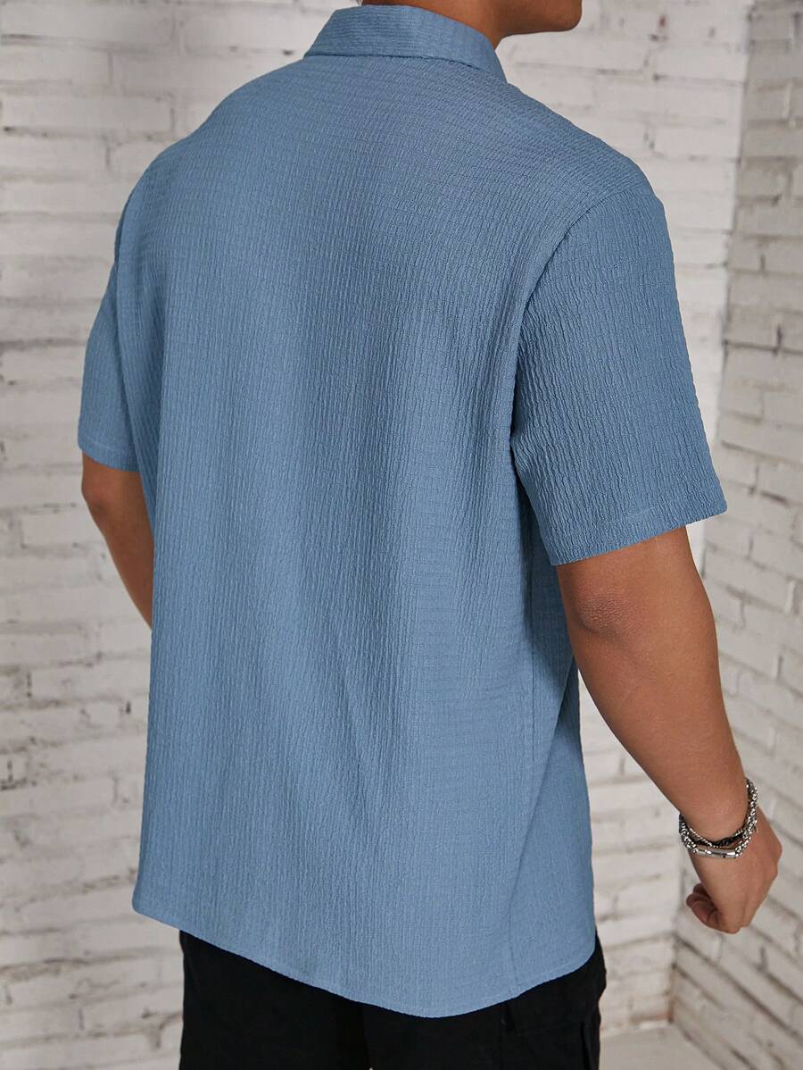 Camisa Masculina Casual de Manga Curta com Botões e Cor Sólida com Caimento Solto