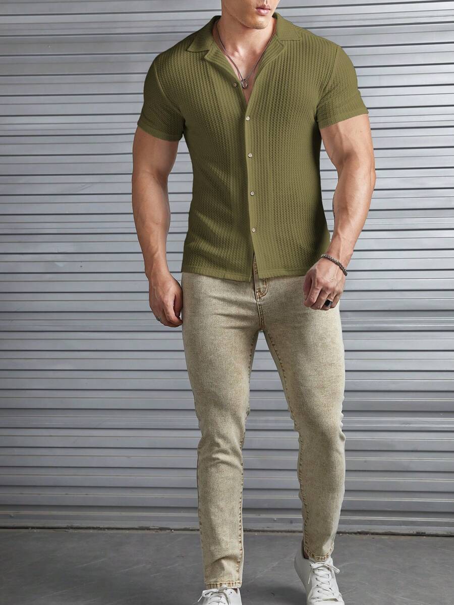 Camisa Masculina Sólido Canelado Botão Frontal