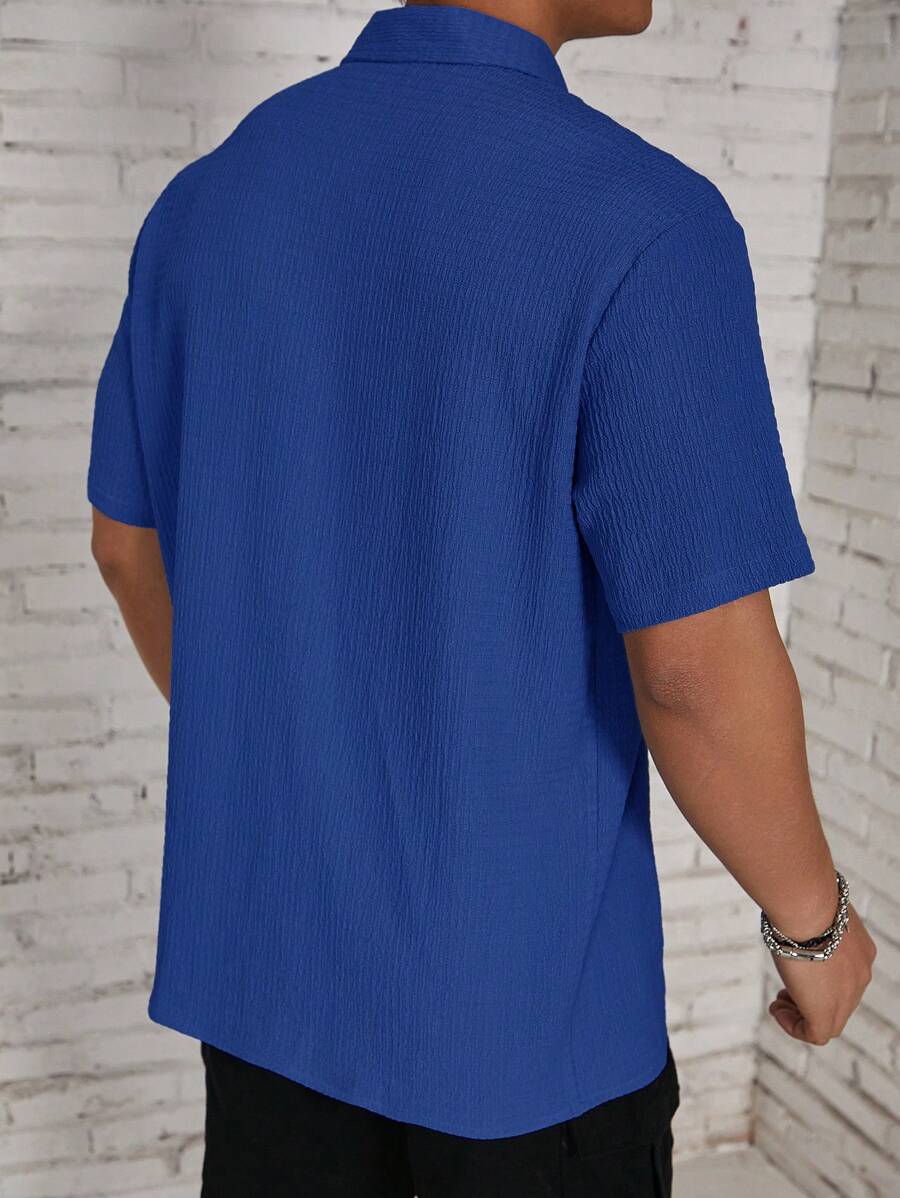 Camisa Masculina Casual de Manga Curta com Botões e Cor Sólida com Caimento Solto