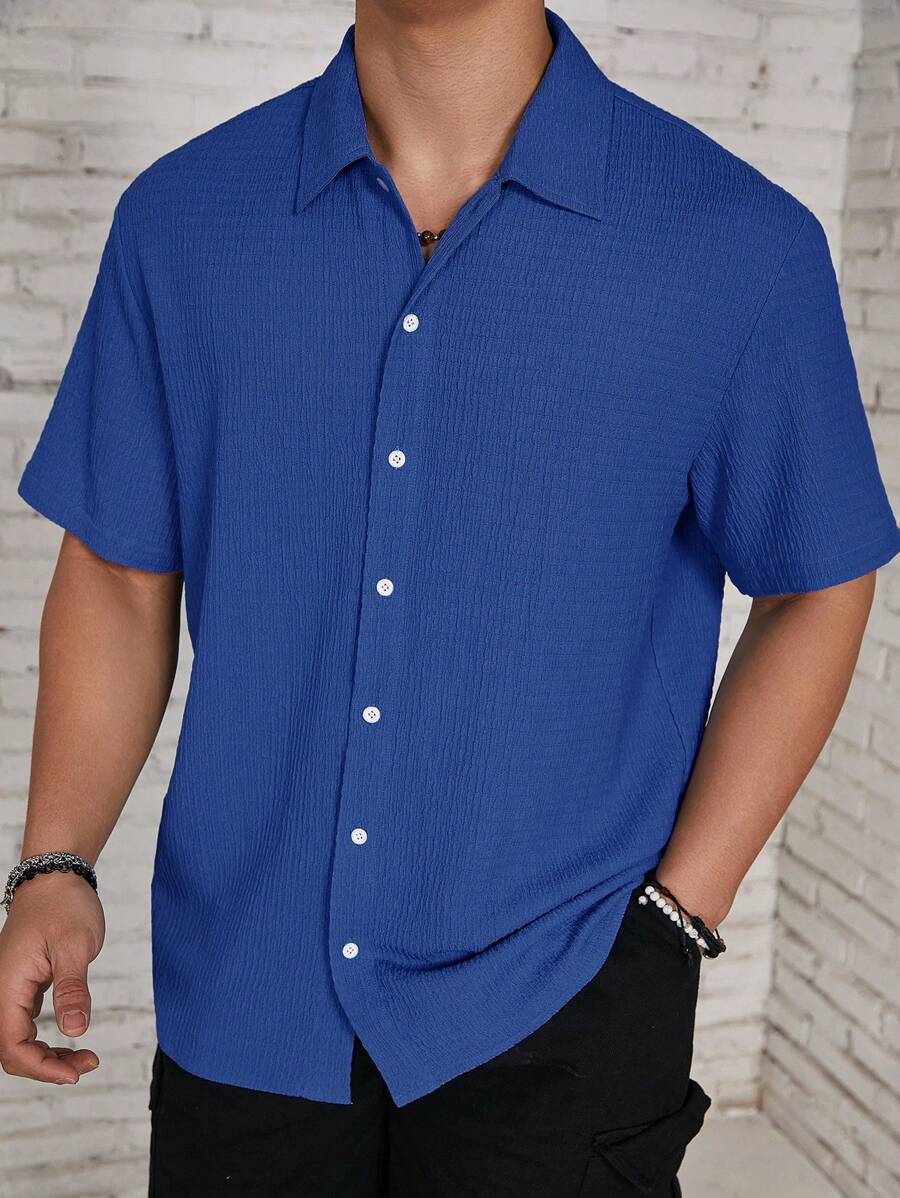Camisa Masculina Casual de Manga Curta com Botões e Cor Sólida com Caimento Solto