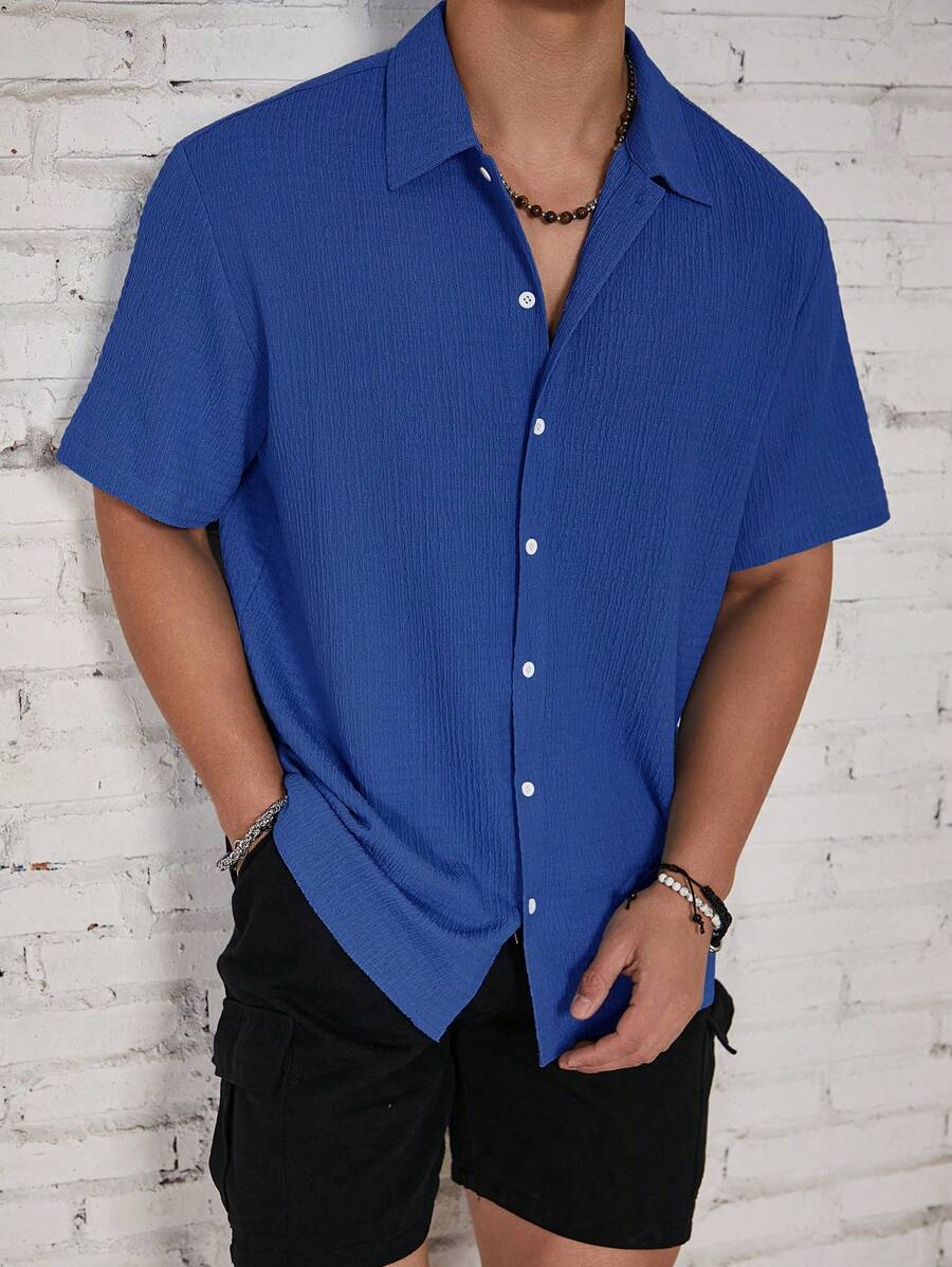 Camisa Masculina Casual de Manga Curta com Botões e Cor Sólida com Caimento Solto