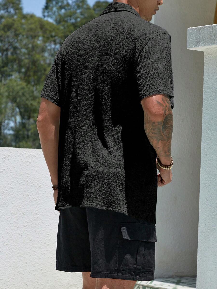 Camisa Masculina Casual de Manga Curta com Botões e Cor Sólida com Caimento Solto