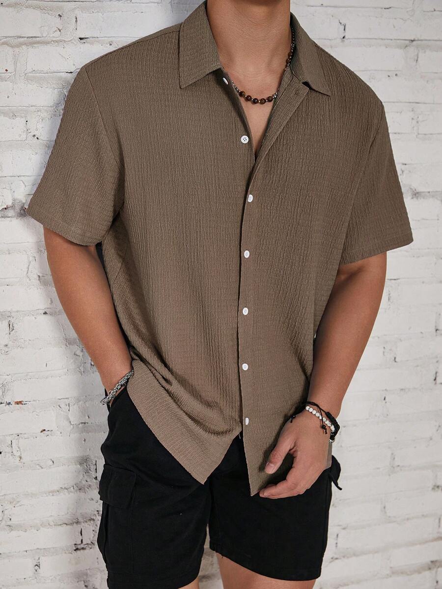 Camisa Masculina Casual de Manga Curta com Botões e Cor Sólida com Caimento Solto