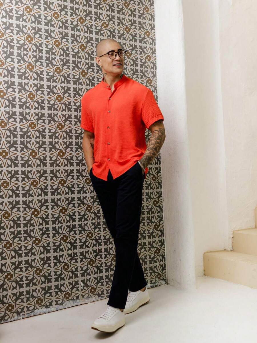 Camisa Masculina Manga Curta Gola Padre Confortável Tendencia Verão